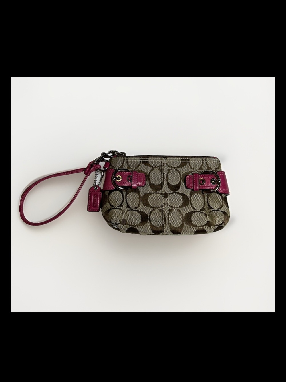 Coach Soho Wristlet Signature Canvas, Hot Pink Leather Trim, Silver Buckles 2004